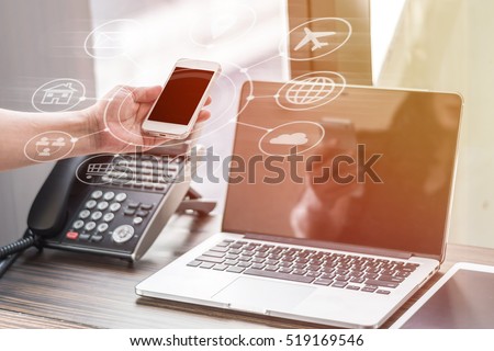 Multichannel online banking payment communication network digital technology via internet wireless application development mobile smartphone apps: Business woman man holding smart phone with icon flow