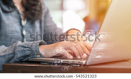 Business woman typing computer fast moving omnichannel icon flow: Multichannel banking communication network digital technology internet wireless application development ctr mobile smart apps