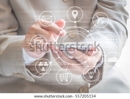 Business man/ woman person hand holding mobile smart phone hi tech digital 4.0 device communication technology and multichannel app icon flow: Online wireless omnichannel banking payment transaction
