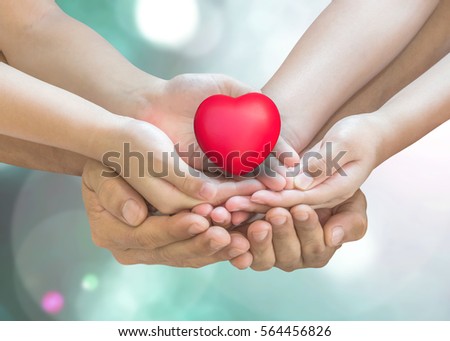 Isolated family son daughter children kid guardian mother father hands protecting safe red heart shape love on white background: Insure happy home household life assurance insurance protection concept
