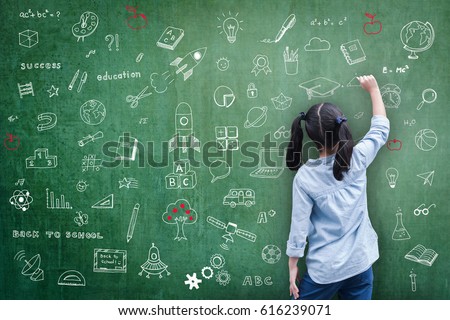 Elementary school kid student drawing doodle with child\'s imagination for educational inspiration concept