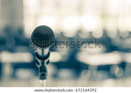 Microphone speaker in school lecture hall, seminar meeting room or educational business conference event for host, teacher or coaching mentor