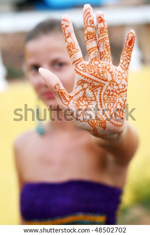 stock photo young beautiful woman with henna tattoo on the palm