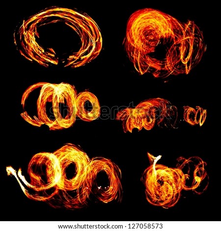 Magic fire flame lines over black background, collage