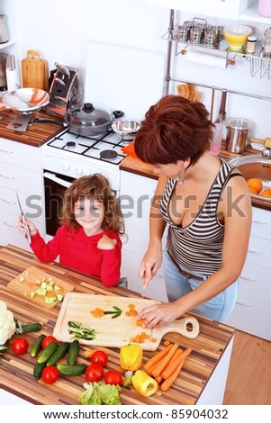 Mother with daughter making fun in the kitchen