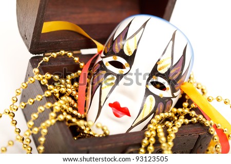 Beautiful venice mask with beads in an old box