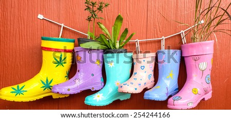 colorful rain boots hanging on the wooden wall