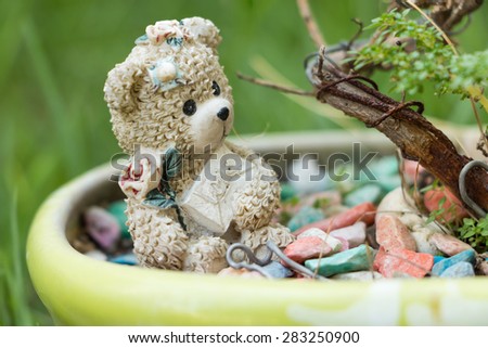 Close up teddy bear mini sit on colorful stone