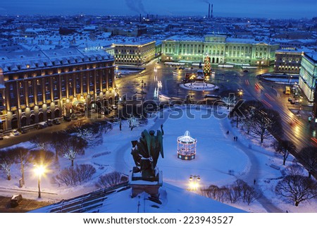 Russia, The Building of Legislative assembly of St Petersburg, Isaak Square, night, winter, top view