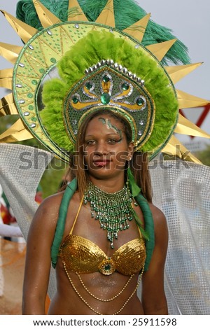 KOUROU, FRENCH GUIANA - FEBRUARY 15: A beautiful Brazilian dancer participated in the main carnival parade February 15, 2009 in Kourou, French Guiana. Almost 60 groups participated this year.