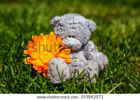 Soft plush teddy bear with flower