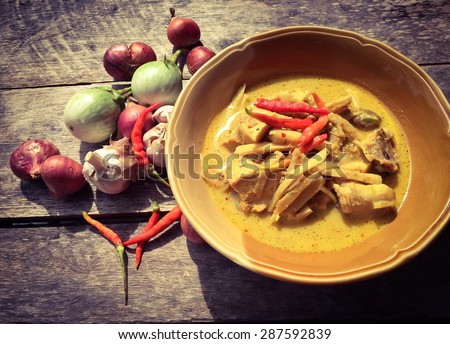 coconut curry chicken with bamboo shoot,food of the south in thailand, vintage color tone