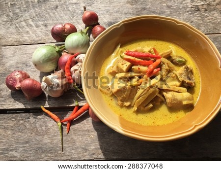 coconut curry chicken with bamboo shoot,food of the south in thailand, vintage color tone