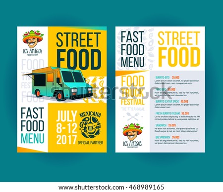 Creative party invitation on Food truck festival. Fast food brochure template. Vector food menu flyer. Street food festival menu