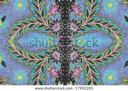 Blue batik sarong with symmetrical patterns and purple flowers