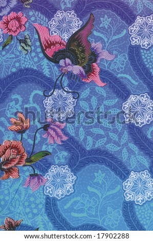 stock photo : Blue Batik Sarong with butterfly and floral motif
