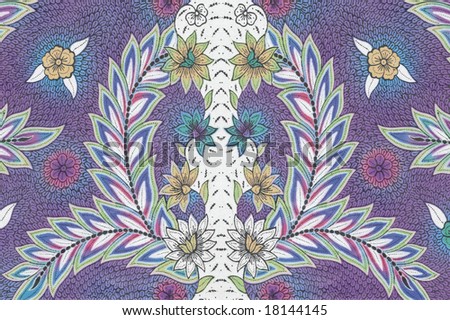 stock photo : Purple Batik sarong with symmetrical patterns and white leaves
