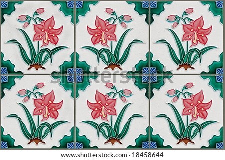 Rows of antique Nyonya Tiles with red tulips