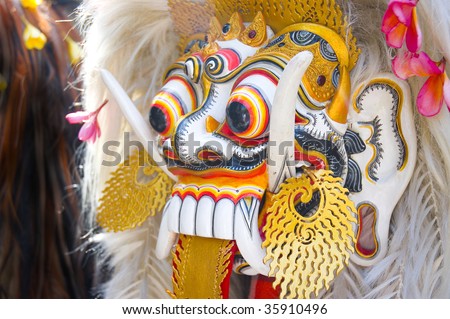Details of Barong dance and drama mask of demon, Bali