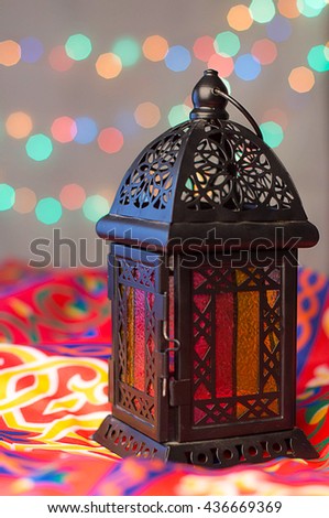 Ramadan Background - Lantern on Ramadan colorful fabrics
