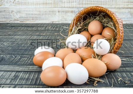 Fresh Egg and duck eggs on wooden background.