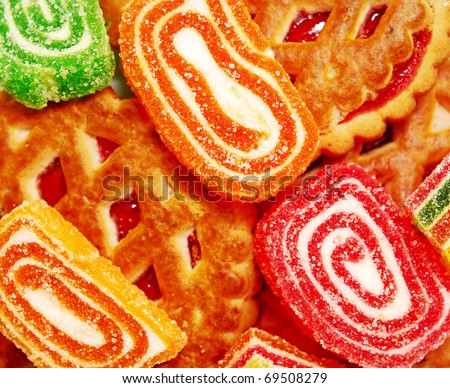colorful jelly in sugar and biscuits