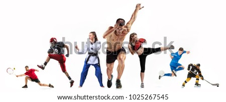 Sport collage about boxing, soccer, american football, ice hockey, jogging, taekwondo, tennis. The fit men and women. Caucasian active athletes isolated on white background