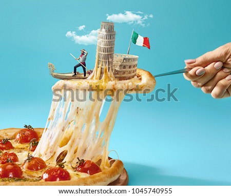 Taste Italy concept. The collage about Italy with female hand, gondolier, pizza and major sights. Travel, tourism concepts.