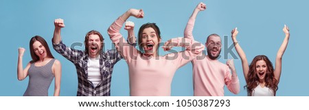 Collage of winning success happy men and women celebrating being a winner. Dynamic image of caucasian male and female models on blue studio background. Victory, delight concept. Human facial emotions