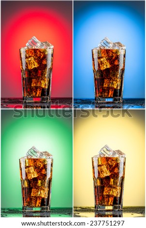 Glass with cola  and ice. collection of red, blue, green and yellow backgrounds