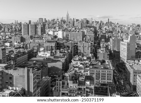 USA, NEW YORK CITY - April 27, 2012: New York City Manhattan skyline aerial view with street and skyscrapers.  colorless photo