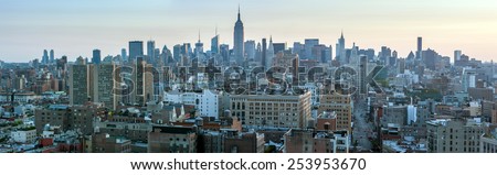 USA, NEW YORK CITY - April 28, 2012: New York City Manhattan skyline aerial view with street and skyscrapers