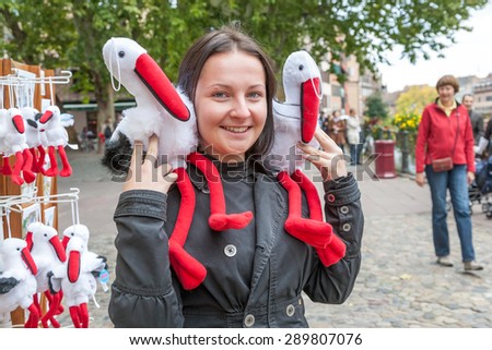 STRASBOURG, FRANCE - SEPTEMBER 26 2008: A typical toys gifts in the city of STRASBOURG. STRASBOURG is a beautiful medieval town in the Alsace in north-eastern France. Storks are symbols of the city
