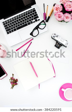 Still life of fashion woman, objects on white