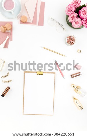 Still life of fashion woman, objects on white