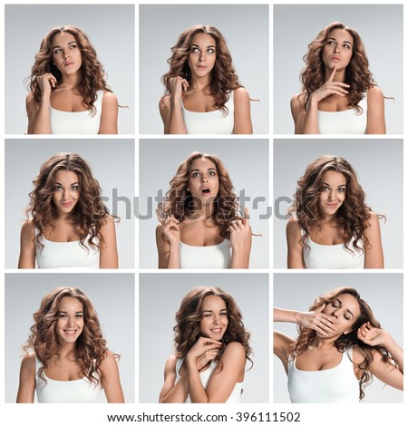 Set of young woman's portraits with different happy emotions