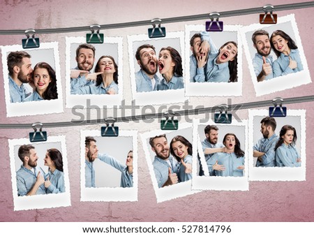 The young couple with different emotions during conflict on gray background. Collage