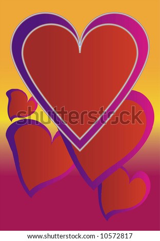 Graphic illustration of group of hearts floating in yellow, mauve background