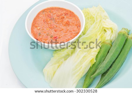 boiled vegetables and chili sauce for lunch