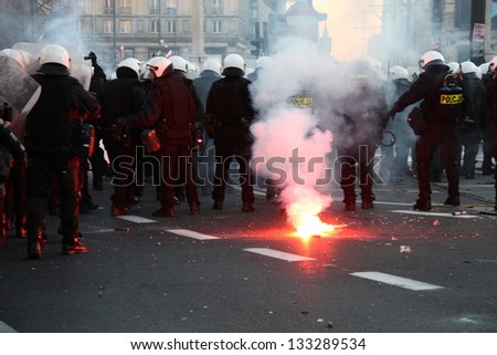 WARSAW, POLAND - NOVEMBER 11: The riots in the streets of Warsaw during the celebration of Independence Day on November 11, 2011 in Warsaw, Poland.