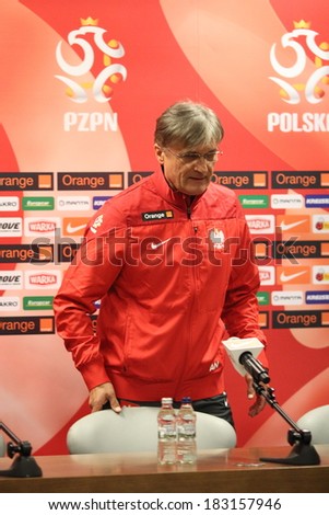 WARSAW, POLAND - MARCH 4: Adam Nawalka, manager of the Poland national football team attends a press conference before friendly match of Poland vs. Scotland on March 5, 2014 in Warsaw, Poland.