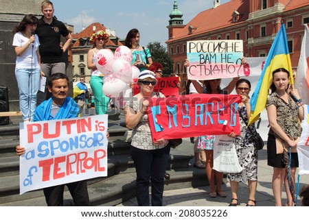 WARSAW, POLAND - July 27: The pro-Ukrainian protest against policy of the president of Russia Vladimir Putin, on July 27, 2014 in Warsaw, Poland.