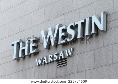 WARSAW, POLAND - OCTOBER 10, 2014: The Westin Warsaw hotel logo. Since 2005, the number of hotels has grown from 120 locations in 24 countries to over 192 locations in 37 countries as of 2014.