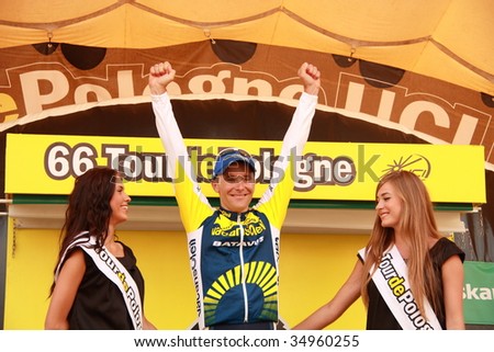 WARSAW - AUGUST 2: Borut Bozic (Slovakia, Vacansoleil Pro Cycling Team) winner of Stage 1 during the 66 Tour de Pologne 2009 celebrates at podium August 2, 2009 in Warsaw, Poland.