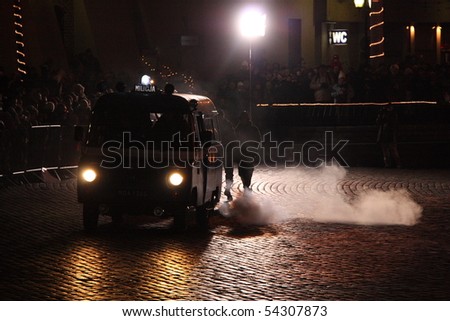 WARSAW, POLAND - DECEMBER 13: Staged riots in the Warsaw Old Town on the 28th anniversary of the introduction of Martial Law, on December 15, 2009 in Warsaw, Poland.
