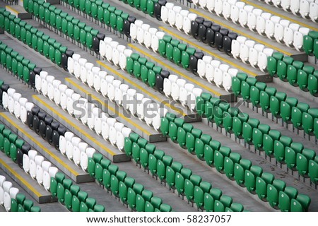 Rows of empty stadium seats. Legia Warsaw New Stadium, Poland.
