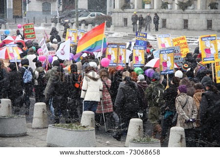 WARSAW, POLAND - MARCH 6: People take part in Feminist demonstration to support women rights, on March 6, 2011 in Warsaw, Poland.