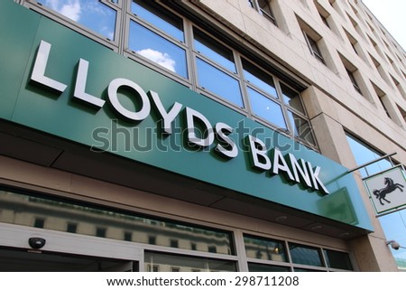 LONDON, UK - JUNE 16, 2015:: Lloyds Bank branch with sign and logo. Lloyds Bank plc is a British retail and commercial bank with branches across England and Wales