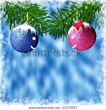 two balls on icy background and white leaves border