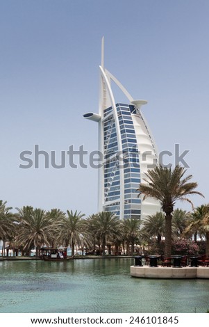 DUBAI, UNITED ARAB EMIRATES - MAY 5: Burj Al Arab (Tower of the Arabs), a luxury 5 Star hotel located in Dubai, United Arab Emirates on May 5, 2012. It is called \